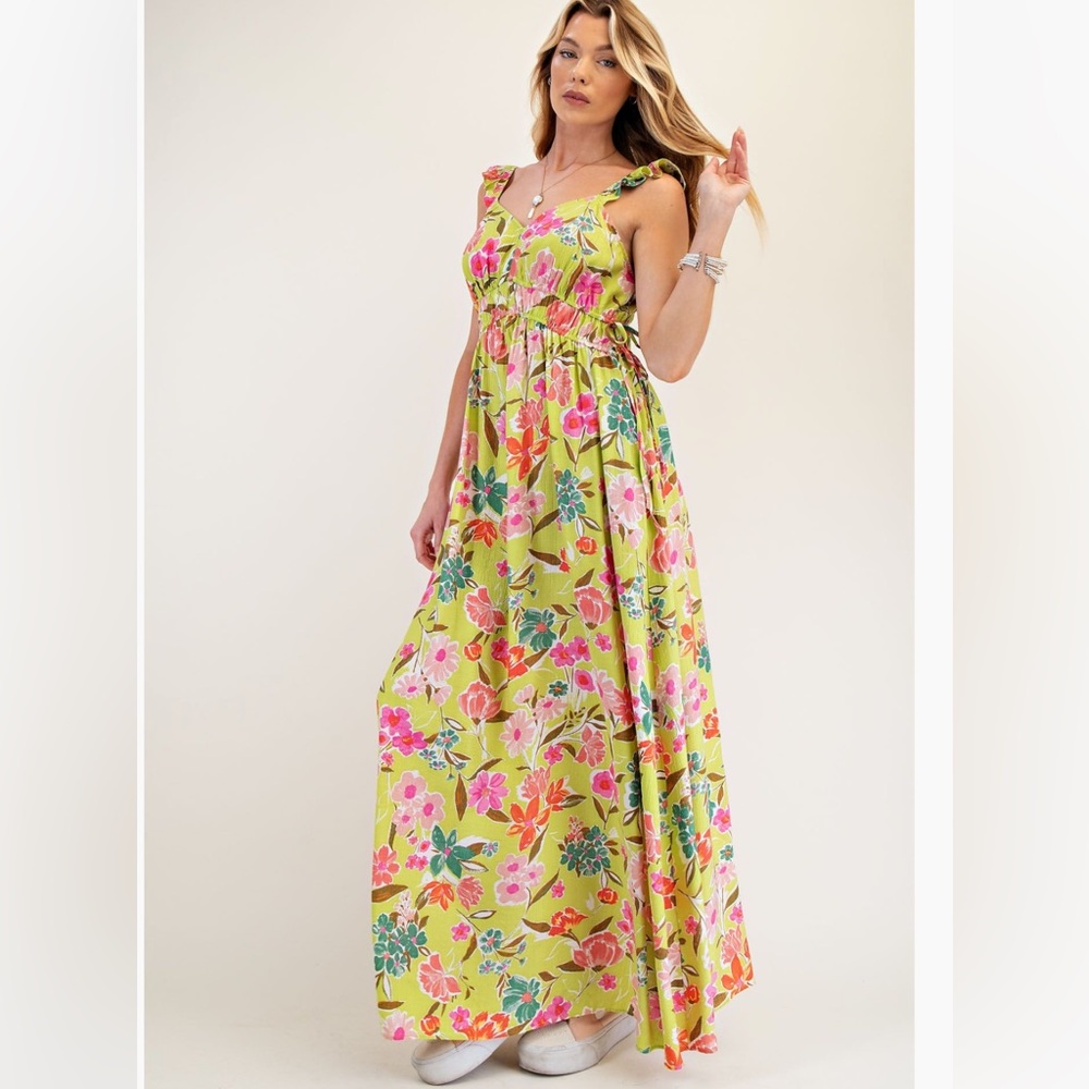 LAST ONE! 🇺🇸SALE! Easel Floral Maxi Dress in Green and Pink